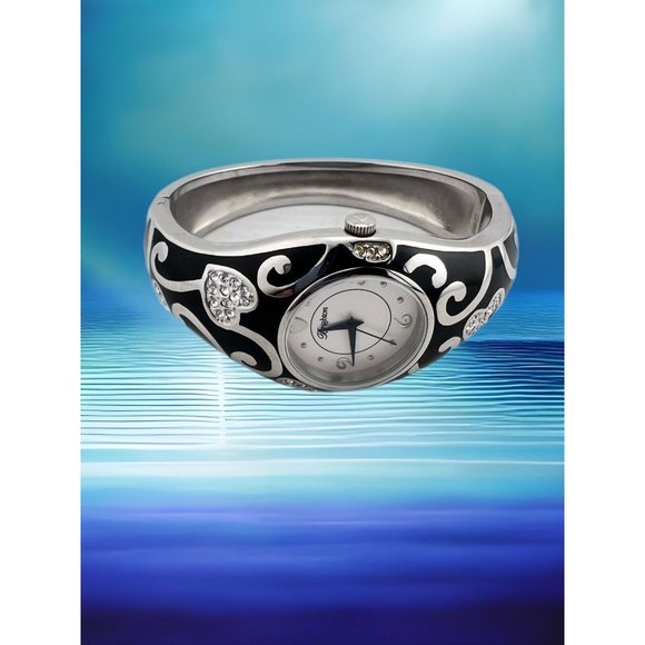 Brighton Accessories - Brighton Vacaville Black Enamel & Rhinestone Heart Hinged Bangle WATCH